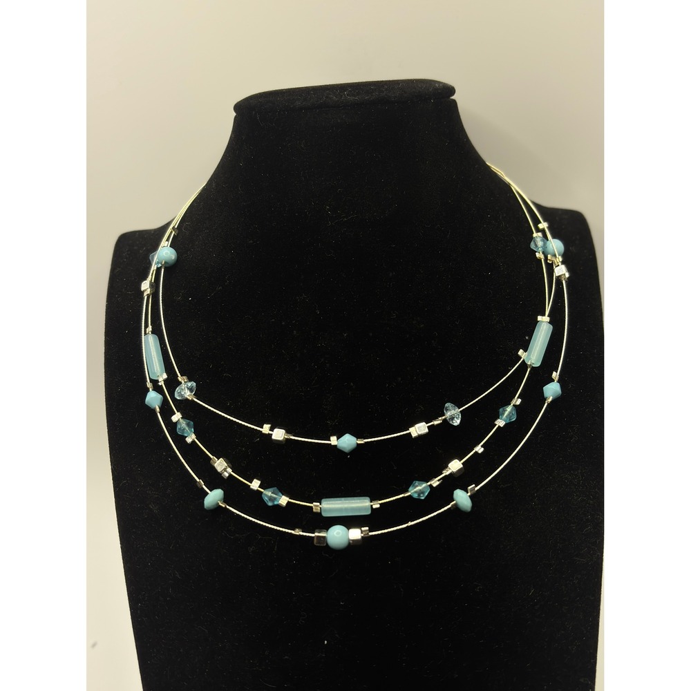 Unbranded Multi-Strand Necklace Womens 15" Blue Silver Beaded‎ Layered Wire
